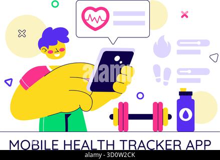 Illustrazione dell'app Mobile Health Tracker con dispositivo di telemedicina per il monitoraggio del battito cardiaco, della temperatura e dell'attività corporea per il benessere mentale Illustrazione Vettoriale