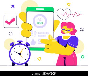 Illustrazione dell'app Mobile Health Tracker con dispositivo di telemedicina per il monitoraggio del battito cardiaco, della temperatura e dell'attività corporea per il benessere mentale Illustrazione Vettoriale