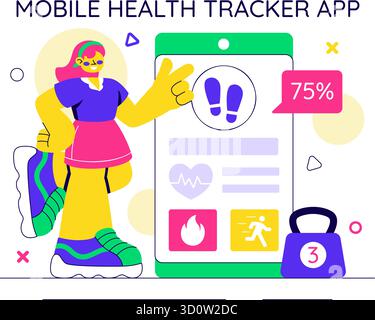 Illustrazione dell'app Mobile Health Tracker con dispositivo di telemedicina per il monitoraggio del battito cardiaco, della temperatura e dell'attività corporea per il benessere mentale Illustrazione Vettoriale