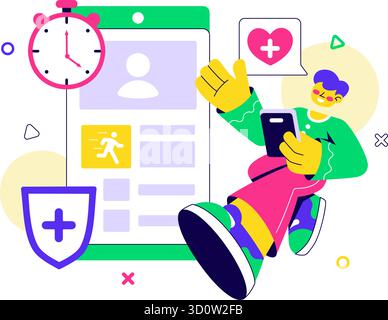 Illustrazione dell'app Mobile Health Tracker con dispositivo di telemedicina per il monitoraggio del battito cardiaco, della temperatura e dell'attività corporea per il benessere mentale Illustrazione Vettoriale