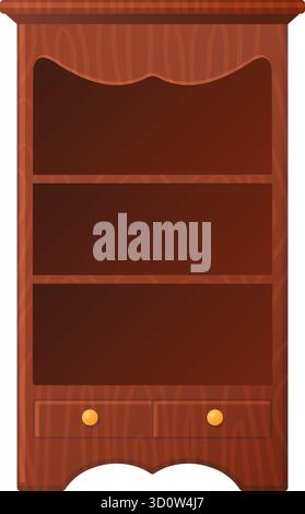 libreria in mogano lucida con cassetti, elegante libreria in legno con tre ripiani aperti Illustrazione Vettoriale