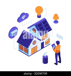 Sistema Isometric Smart Home Automation e dispositivi IoT controllati da smartphone. Concetto di intelligenza artificiale Smart Home Illustrazione Vettoriale