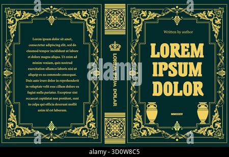 Copertina di libri antichi con cornice dorata e bordi su sfondo verde Illustrazione Vettoriale