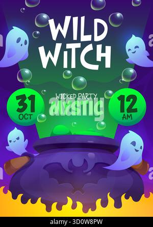 Volantino per festeggiare Halloween con la festa delle streghe spaventose Illustrazione Vettoriale