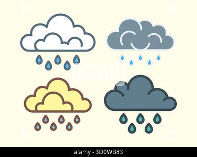 Set di icone vettoriali nuvola di pioggia e tempesta, isolate. Illustrazione Vettoriale