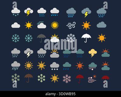 Set di icone vettoriali delle previsioni meteo, tra cui sole, nuvole, pioggia, neve, e il vento. Illustrazione Vettoriale