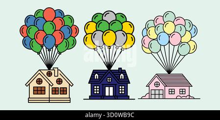 Collezione di case volanti con palloncini, concetto di avventura e sogni. Illustrazione Vettoriale