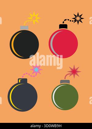 Set di quattro colorate bombe cartoni animati con fusibili accesi e icone vettoriali. Illustrazione Vettoriale