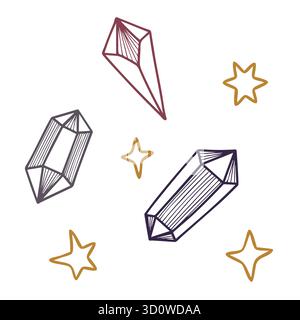 Cristalli e stelle vettoriali non-IA. Cristalli e stelle stilizzati isolati su sfondo bianco. Illustrazione Vettoriale