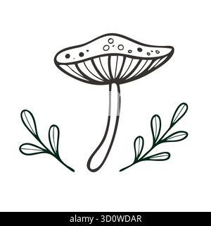 Funghi e rami vettoriali non-IA. Funghi e rami vegetali stilizzati isolati su sfondo bianco. Illustrazione Vettoriale