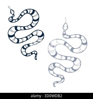 Serpenti vettoriali non-IA striati. Serpenti a righe stilizzati isolati su sfondo bianco. Illustrazione Vettoriale