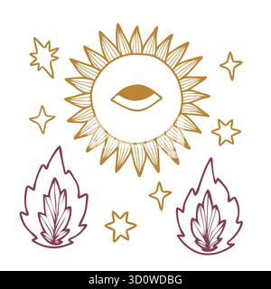Sole vettoriale non-IA con occhi, lucciole, stelle. Sole stilizzato, lucciole, stelle isolate su sfondo bianco. Illustrazione Vettoriale