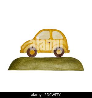 Auto gialla acquerello su una collina verde. Piccola auto gialla su una collina verde isolata su sfondo bianco. Foto Stock