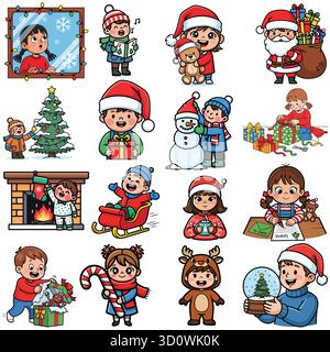 Illustrazione delle attività natalizie per bambini - Holiday Winter Cartoon Collection Illustrazione Vettoriale