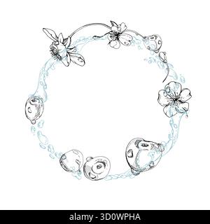 La dolce ciliegia che vola in acqua spruzza gocce, inchiostro vettoriale disegnato a mano, bacche da giardino, foglie di fiori bianchi. Illustrazione del telaio della circonferenza Illustrazione Vettoriale