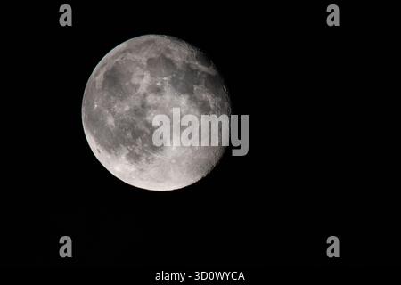 Primo piano dettagliato della Luna gibbosa in declino, catturata poco dopo la fase completa, mostrando crateri e struttura superficiale. Foto Stock