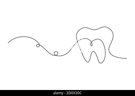 Il dente minimalista delinea un simbolo artistico a una linea per il concetto di dentista e igiene orale Illustrazione Vettoriale