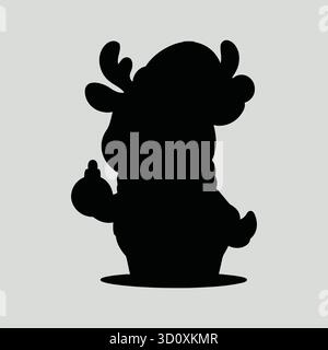 Carino cartoni animati di renne natalizie che reggono un ornamento silhouette isolata su sfondo grigio Illustrazione Vettoriale