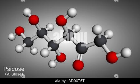 Molecola di Allulosa (D-psicosio), isomero chetoesosio di fruttosio, dolcificante a basso contenuto calorico e a basso contenuto glicemico. Forma lineare. Modello molecolare. Rendering 3D. Ill Foto Stock