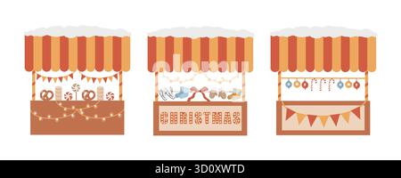 Serie di bancarelle natalizie isolate su sfondo bianco. Tradizionale mercatino di Natale invernale. Clip art vettoriale. Immagine piatta vettoriale di una fiera di Natale Illustrazione Vettoriale