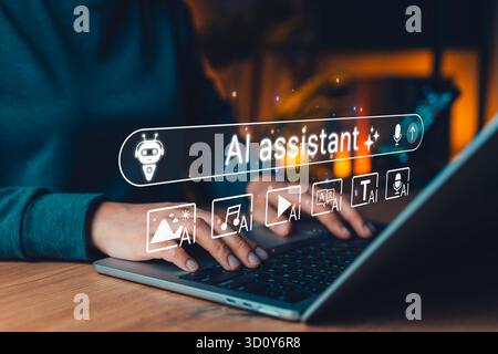 Concetto di Agente AI. L'utente interagisce con l'interfaccia assistente di intelligenza artificiale sul laptop, mostrando l'intelligenza artificiale generativa per testo, immagine, audio, video e traduzione, Foto Stock