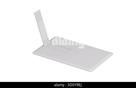 Mockup isolato angolato su scheda USB. Rendering 3D di un'unità flash USB rettangolare sottile con connettore parzialmente esteso, visualizzato su un bianco pulito Foto Stock