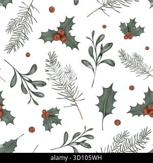 Acquerello motivo senza cuciture di rami con bacche rosse di Natale di leccio e rami di abete. Illustrazione del disegno a mano su sfondo isolato Foto Stock