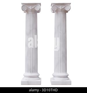 Due pilastri classici, antiche colonne greche isolate su bianco, piedistalli in marmo illustrazione 3d. Foto Stock