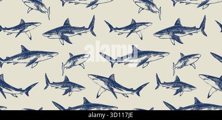 Grande squalo bianco senza cuciture in stile sketch. Disegnato a mano a forma di matita, disegna un disegno su sfondo beige. Design monocromatico vettoriale blu ispirato alla fauna marina. Perfetto per il design tessile. Illustrazione Vettoriale