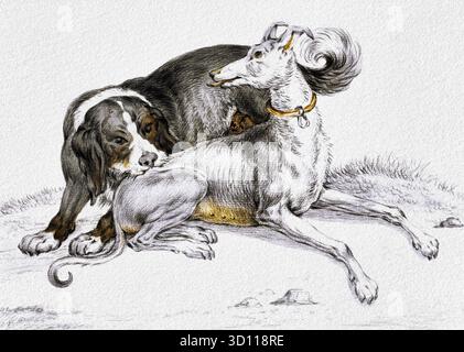 A Dog Bites Another sitting Dog di Jean Bernard (1775-1883) - scena animale del XIX secolo, pittura di genere realista, opere d'arte di dominio pubblico ad alta risoluzione Foto Stock