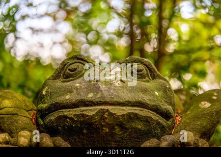 Primo piano di una scultura di rana in pietra ricoperta di muschio in una foresta con un morbido sfondo bokeh Foto Stock