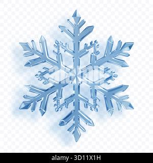 Un complesso fiocco di neve a sei punte con sfaccettature cristalline in sfumature di blu con ombre morbide su sfondo trasparente. Trasparenza solo nel vettore f Illustrazione Vettoriale