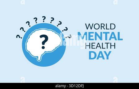 Vettore di consapevolezza della giornata mondiale della salute mentale con un cervello con punti interrogativi che simboleggiano confusione, ansia e problemi di salute mentale Illustrazione Vettoriale