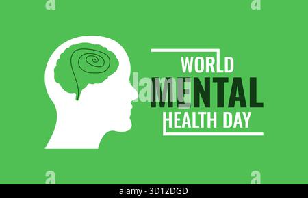 Illustrazione della giornata mondiale della salute mentale con silhouette della testa umana e design a foglia cerebrale su sfondo verde. Vettore perfetto per campagne di sensibilizzazione, pos Illustrazione Vettoriale