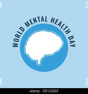 Design vettoriale della giornata mondiale della salute mentale con un'icona cerebrale all'interno di un cerchio blu con testo di consapevolezza. Perfetto per poster, banner, campagne, Wellne Illustrazione Vettoriale