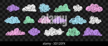 Set di nuvole testurizzate stravaganti. Soffici elementi del cielo disegnati a mano per la doccia del bambino o le illustrazioni dei libri di fiabe. Illustrazione vettoriale Illustrazione Vettoriale