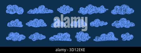 Nuvole blu disegnate a mano con dettagli testurizzati. Stravaganti elementi del cielo notturno per libri per bambini o arte murale. Illustrazione vettoriale Illustrazione Vettoriale