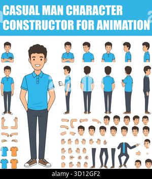 Costruttore di personaggi casual Man per l'animazione. Set Vista anteriore, laterale, posteriore con raccolta parti anatomiche e posture. Illustrazione vettoriale. Illustrazione Vettoriale