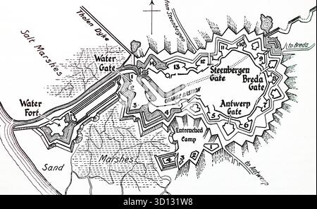 Mappa di schizzo che mostra: La battaglia di Bergen-op-Zoom che ebbe luogo l'8 marzo 1814 durante la Guerra della Sesta coalizione. Si trattò di un fallito assalto britannico a una fortezza francese nei Paesi Bassi, con conseguente costosa sconfitta. Da un'immagine stampata pubblicata nel 1932 da Western mail e Echo Ltd con il titolo: The History of the Welch Regiment. Foto Stock