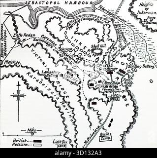 Mappa di schizzo per la battaglia di Inkerman, combattuta il 5 novembre 1854 durante la guerra di Crimea, vicino a Sebastopoli in Crimea. Fu una dura vittoria anglo-francese contro le forze russe schiaccianti, ricordata come "la battaglia del soldato" per il suo caotico combattimento ravvicinato. Da un'immagine stampata pubblicata nel 1932 da Western mail e Echo Ltd con il titolo: The History of the Welch Regiment. Foto Stock
