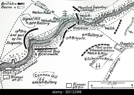 Mappa di schizzo per la battaglia di PaardeBerg: La battaglia di Paardeberg (18–27 febbraio 1900) fu uno scontro fondamentale durante la seconda guerra anglo-boera, segnando la prima grande vittoria britannica e la resa di una significativa forza boera. Da un'immagine stampata pubblicata nel 1932 da Western mail e Echo Ltd con il titolo: The History of the Welch Regiment. Foto Stock