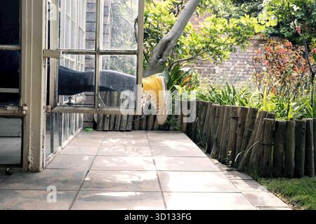 Gambe sporgenti da una finestra, vista giardino Foto Stock