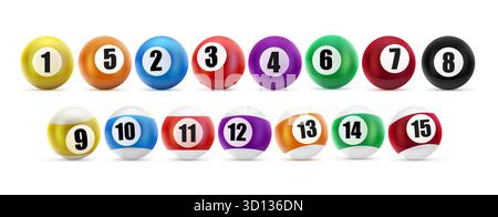 Set completo di palline da biliardo realistiche. Sfere dai colori vivaci pronte per il gioco, numeri da 1 a 15, isolate. Illustrazione vettoriale Illustrazione Vettoriale