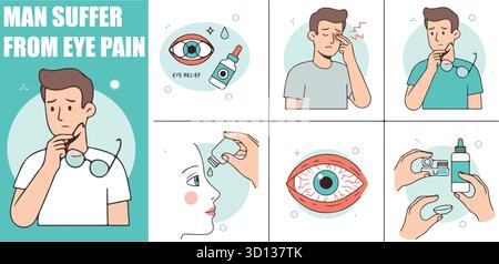 Uomo che sfrega gli occhi stanchi nel dolore. Congiuntivite, deformazione oculare e oftalmologia sintomi concetto. Illustrazione vettoriale. Illustrazione Vettoriale