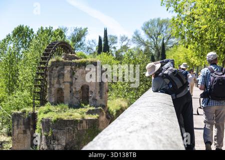 Cordova, Cordova - Spagna - 04-08-2024: I visitatori scattano foto della storica ruota idraulica Molino de la Albolafia a Cordova Foto Stock