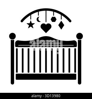 Culla con Mobile Vector appeso. Perfetto per design legati al bambino, arredamento per asili nido, blog per genitori, annunci di nascita o branding per l'assistenza all'infanzia. Illustrazione Vettoriale