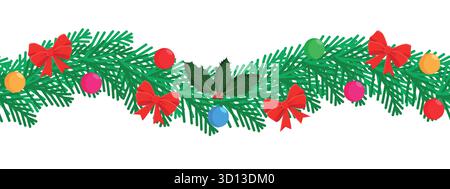 Motivo di ghirlanda natalizia senza cuciture con archi, baubles e agrifoglio su una linea di aghi per abete rosso, elemento grafico per striscioni natalizi Illustrazione Vettoriale