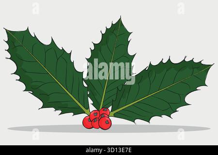 Un rametto di cartoni animati con bacche rosse e un contorno a matita nera, elemento di design natalizio o festivo su sfondo bianco Illustrazione Vettoriale
