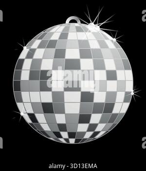 Palla disco in argento con glitter e effetto scintillante su sfondo nero, party, club o elemento di design per la sera Illustrazione Vettoriale