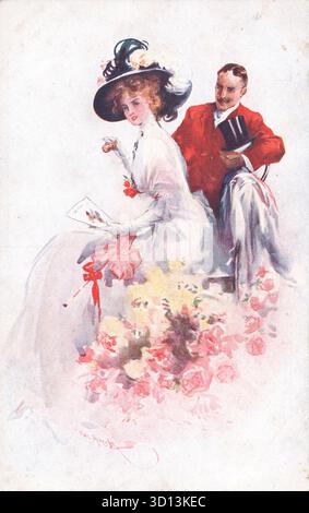 Un'illustrazione romantica del 1910 dell'International Horse Show di Olympia presenta una donna seduta in un camice bianco che scorre con dettagli floreali rosa, con un ventilatore e una rosa. Il suo grande cappello nero è piumato e drammatico. Un uomo con una giacca rossa sta dietro di lei, cappello in mano. Lo sfondo minimalista ne esalta l'eleganza. Da una cartolina originale non attribuita pubblicata per l'evento. Foto Stock